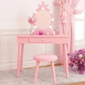 Kids Vanity with Lighted Mirror, Toddler Vanity Makeup Table Set, Brightness Adjustable, for Kids 2-8, Pink - 1