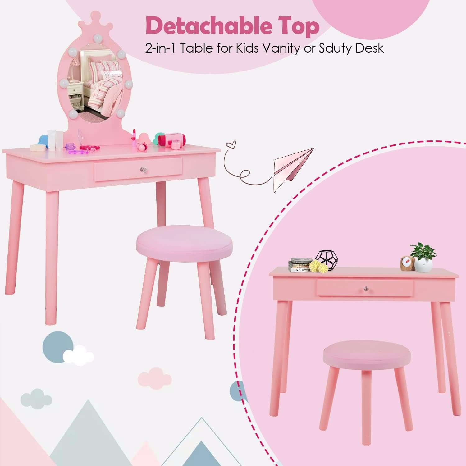 Kids Vanity with Lighted Mirror, Toddler Vanity Makeup Table Set, Brightness Adjustable, for Kids 2-8, Pink - 3