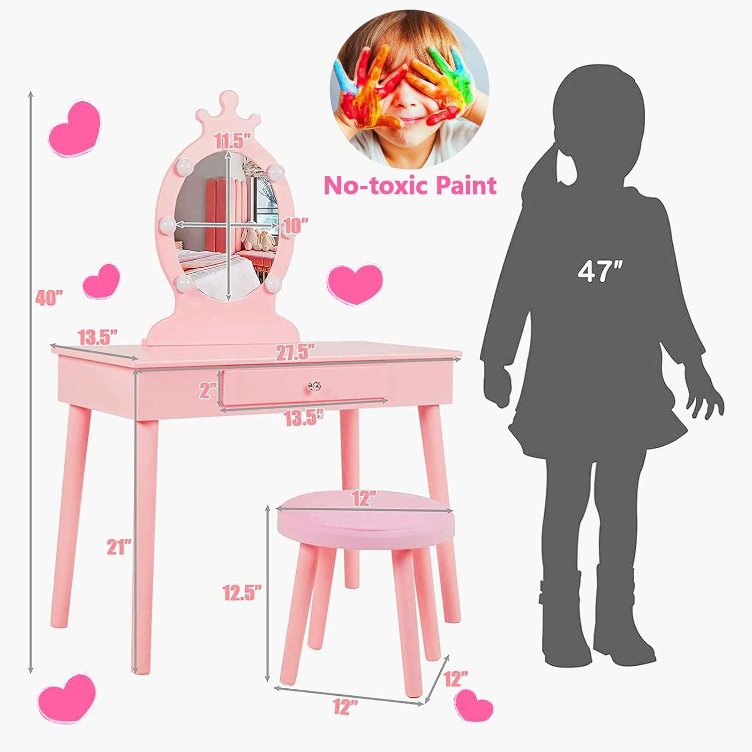 Kids Vanity with Lighted Mirror, Toddler Vanity Makeup Table Set, Brightness Adjustable, for Kids 2-8, Pink - 5