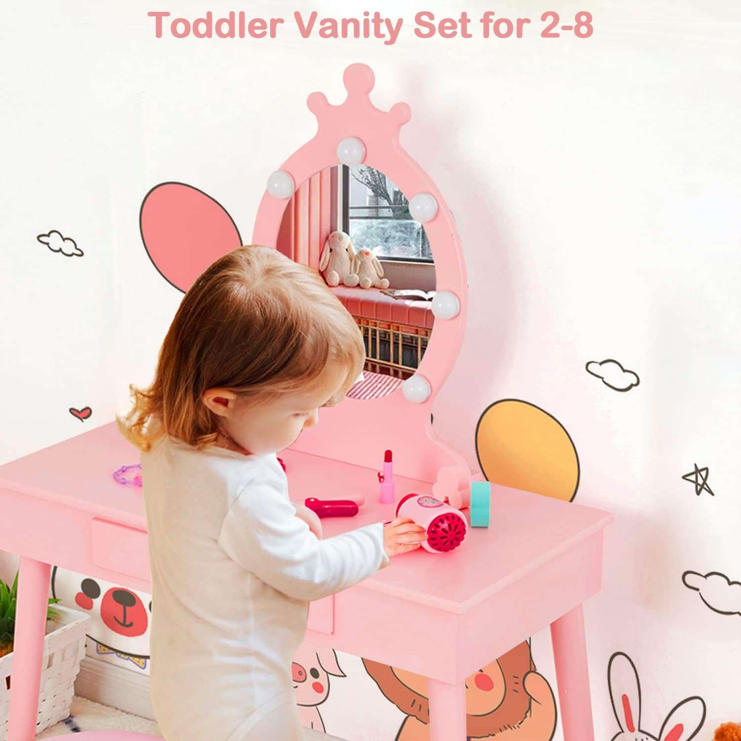 Kids Vanity with Lighted Mirror, Toddler Vanity Makeup Table Set, Brightness Adjustable, for Kids 2-8, Pink - 7
