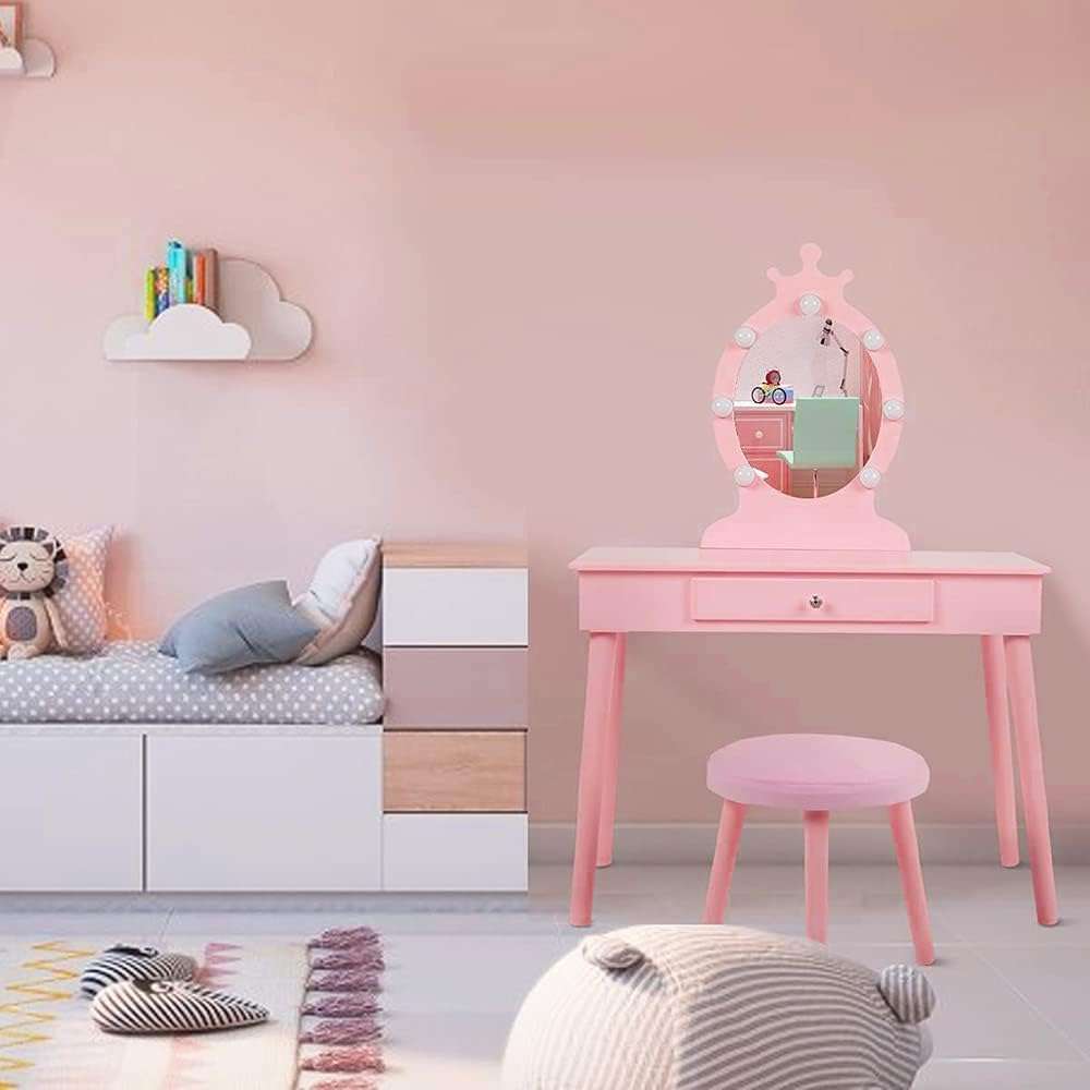 Kids Vanity with Lighted Mirror, Toddler Vanity Makeup Table Set, Brightness Adjustable, for Kids 2-8, Pink - 8