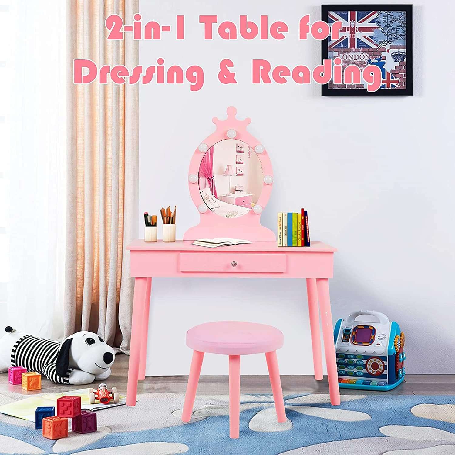 Kids Vanity with Lighted Mirror, Toddler Vanity Makeup Table Set, Brightness Adjustable, for Kids 2-8, Pink - 9