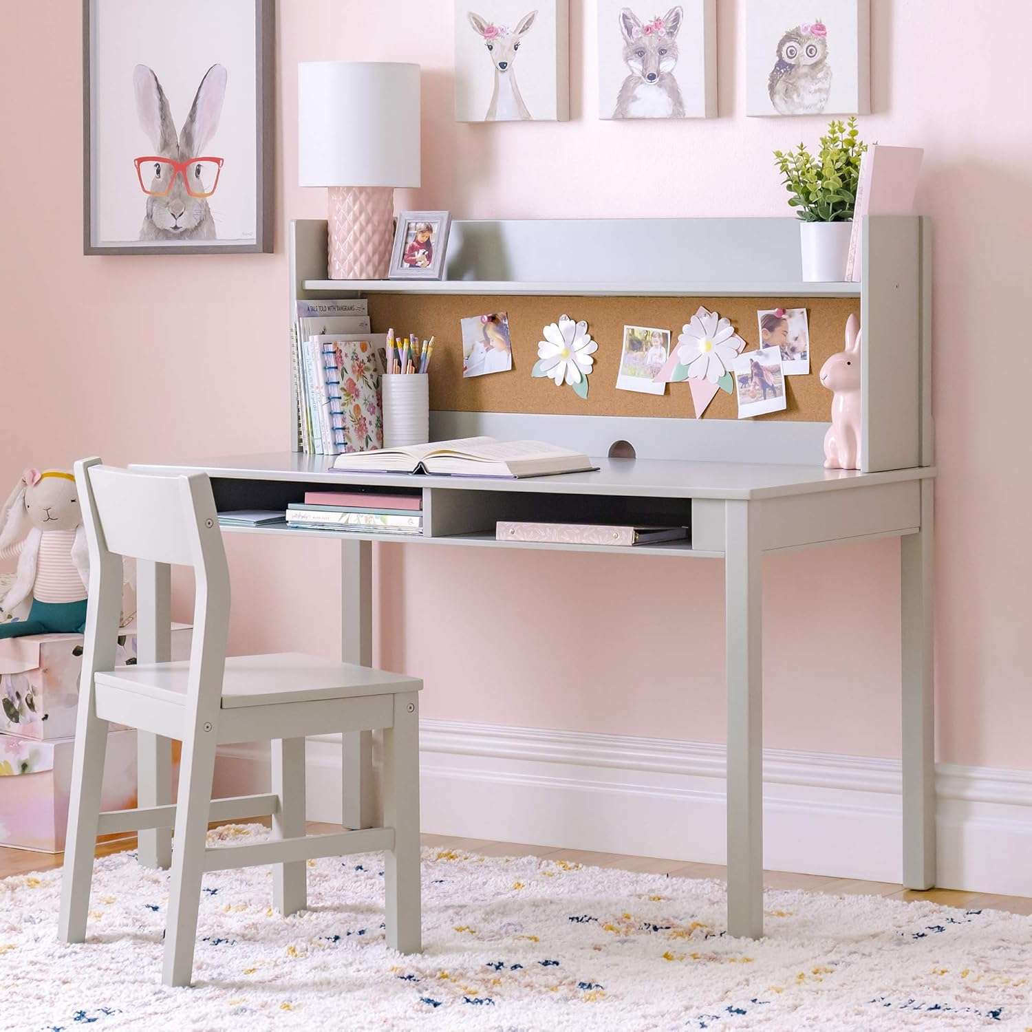 Martha Stewart Kids' Desk with Hutch and Chair Set - Gray (Ages 5-12 years) Children's Wood Study Computer Table w Storage Shelf, Bulletin Board, and Cubbies - Kids Room Furniture for Girls and Boys - 1