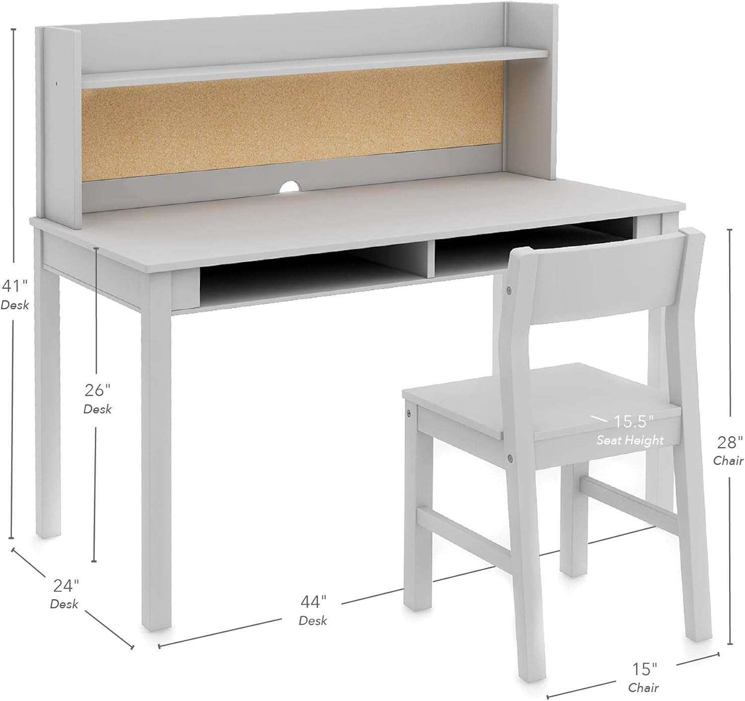 Martha Stewart Kids' Desk with Hutch and Chair Set - Gray (Ages 5-12 years) Children's Wood Study Computer Table w Storage Shelf, Bulletin Board, and Cubbies - Kids Room Furniture for Girls and Boys - 2