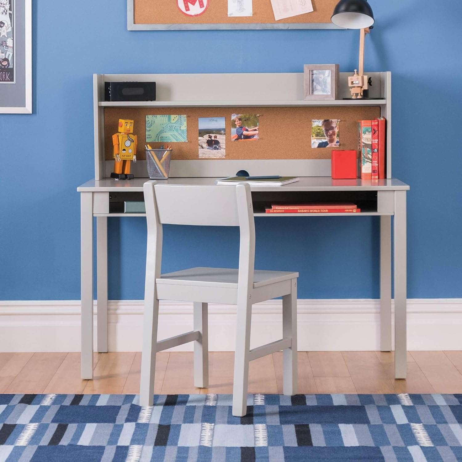 Martha Stewart Kids' Desk with Hutch and Chair Set - Gray (Ages 5-12 years) Children's Wood Study Computer Table w Storage Shelf, Bulletin Board, and Cubbies - Kids Room Furniture for Girls and Boys - 3