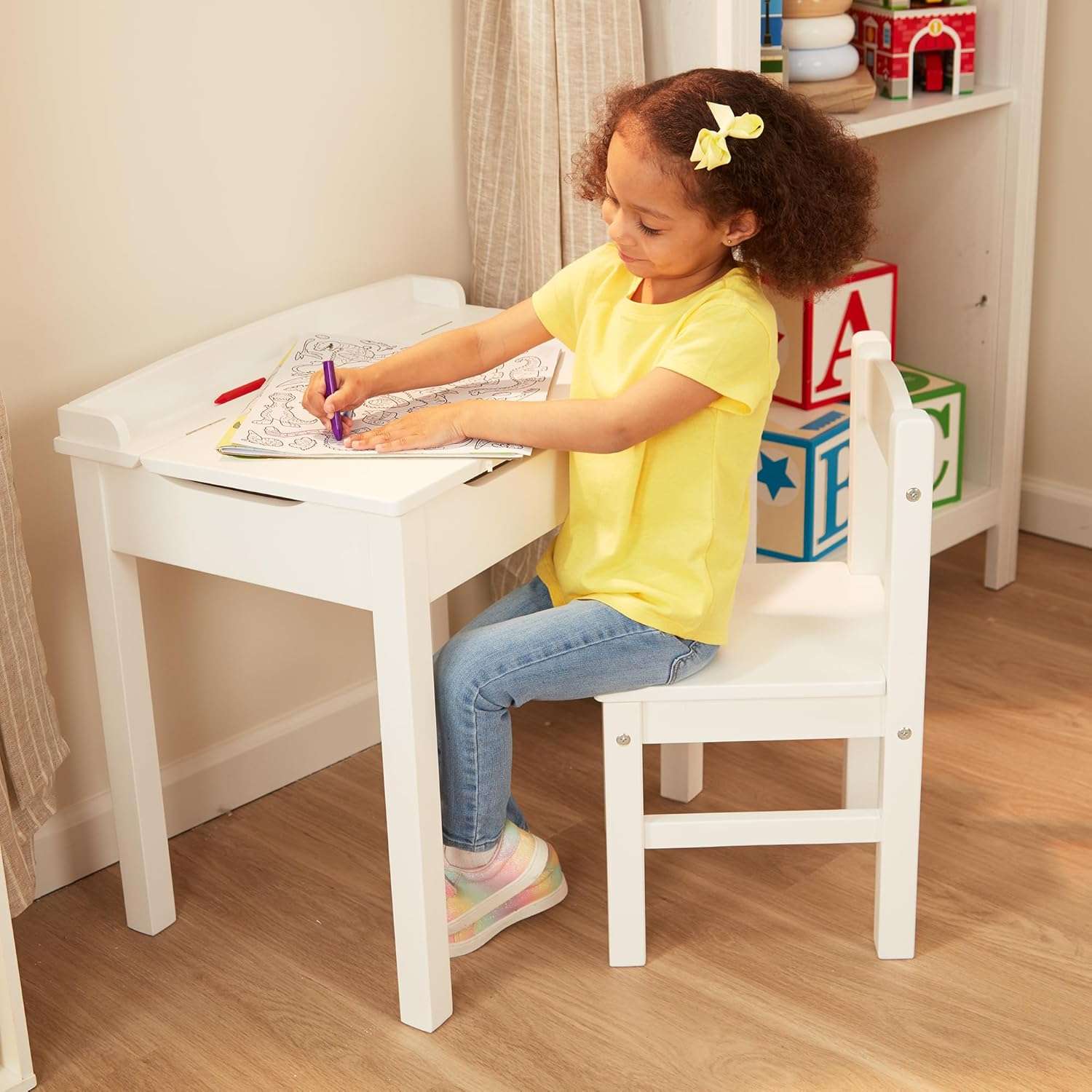 Melissa & Doug Wooden Child's Lift-Top Desk & Chair - White Play Desk and Chair Set for Toddlers and Kids Ages 3+ - 2