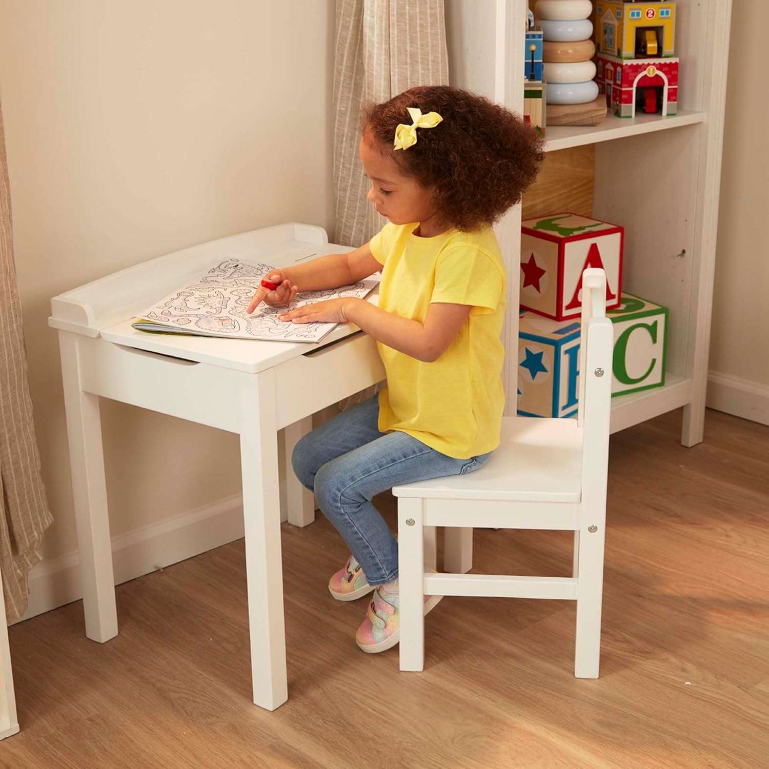 Melissa & Doug Wooden Child's Lift-Top Desk & Chair - White Play Desk and Chair Set for Toddlers and Kids Ages 3+ - 6
