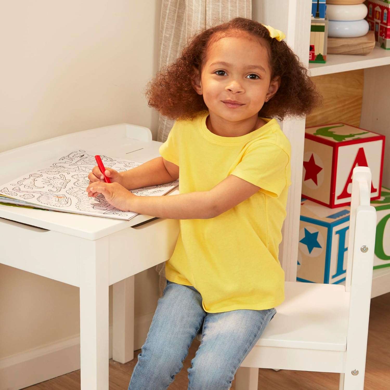 Melissa & Doug Wooden Child's Lift-Top Desk & Chair - White Play Desk and Chair Set for Toddlers and Kids Ages 3+ - 7