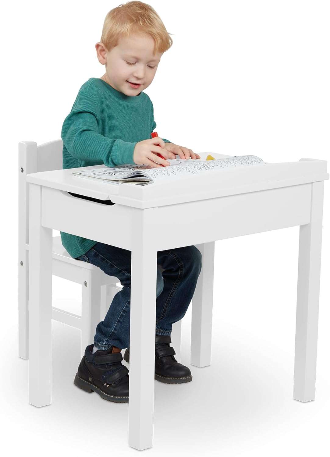 Melissa & Doug Wooden Child's Lift-Top Desk & Chair - White Play Desk and Chair Set for Toddlers and Kids Ages 3+ - 8