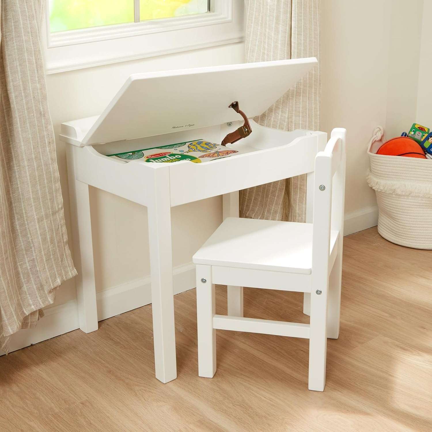 Melissa & Doug Wooden Child's Lift-Top Desk & Chair - White Play Desk and Chair Set for Toddlers and Kids Ages 3+ - 9