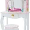 Teamson Kids Dreamland Princess Play Vanity Set with Mirror, Shelf, Storage Drawer, Stool, and Accessories for 12 Dolls, White an Pink - 1
