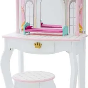 Teamson Kids Dreamland Princess Play Vanity Set with Mirror, Shelf, Storage Drawer, Stool, and Accessories for 12 Dolls, White an Pink - 1