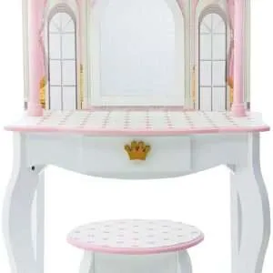 Teamson Kids Dreamland Princess Play Vanity Set with Mirror, Shelf, Storage Drawer, Stool, and Accessories for 12 Dolls, White an Pink - 2