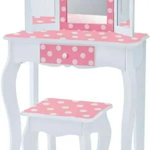 Teamson Kids Princess Gisele Polka Dot Print 2-Piece Kids Wooden Play Vanity Set with Vanity Table, Tri-Fold Mirror, Storage Drawer, and Matching Stool, White with White-Pink Polka Dot Accent - 1