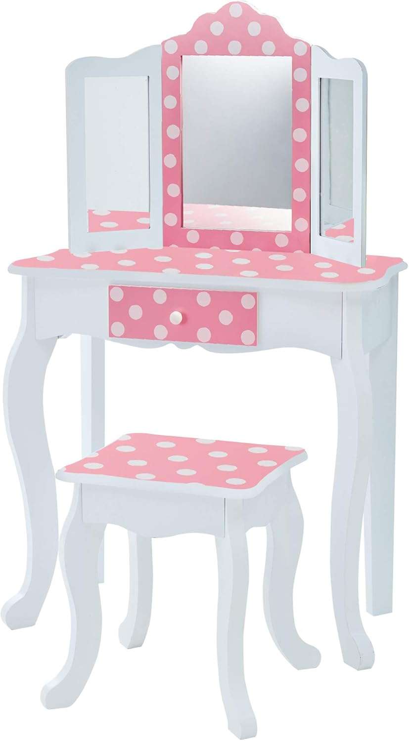 Teamson Kids Princess Gisele Polka Dot Print 2-Piece Kids Wooden Play Vanity Set with Vanity Table, Tri-Fold Mirror, Storage Drawer, and Matching Stool, White with White-Pink Polka Dot Accent - 1