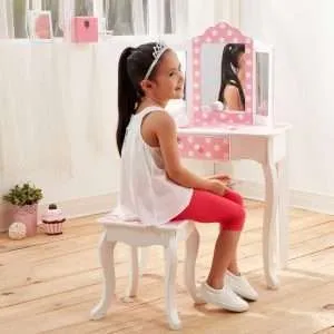 Teamson Kids Princess Gisele Polka Dot Print 2-Piece Kids Wooden Play Vanity Set with Vanity Table, Tri-Fold Mirror, Storage Drawer, and Matching Stool, White with White-Pink Polka Dot Accent - 2