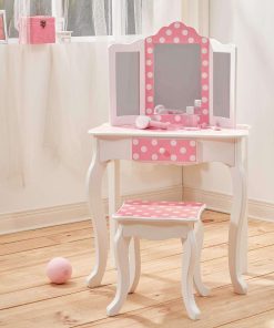 Teamson Kids Princess Gisele Polka Dot Print 2-Piece Kids Wooden Play Vanity Set with Vanity Table, Tri-Fold Mirror, Storage Drawer, and Matching Stool, White with White-Pink Polka Dot Accent - 3