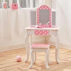 Teamson Kids Princess Gisele Polka Dot Print 2-Piece Kids Wooden Play Vanity Set with Vanity Table, Tri-Fold Mirror, Storage Drawer, and Matching Stool, White with White-Pink Polka Dot Accent - 3