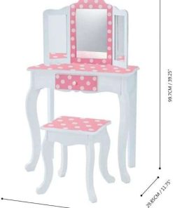 Teamson Kids Princess Gisele Polka Dot Print 2-Piece Kids Wooden Play Vanity Set with Vanity Table, Tri-Fold Mirror, Storage Drawer, and Matching Stool, White with White-Pink Polka Dot Accent - 4