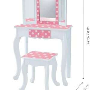 Teamson Kids Princess Gisele Polka Dot Print 2-Piece Kids Wooden Play Vanity Set with Vanity Table, Tri-Fold Mirror, Storage Drawer, and Matching Stool, White with White-Pink Polka Dot Accent - 4