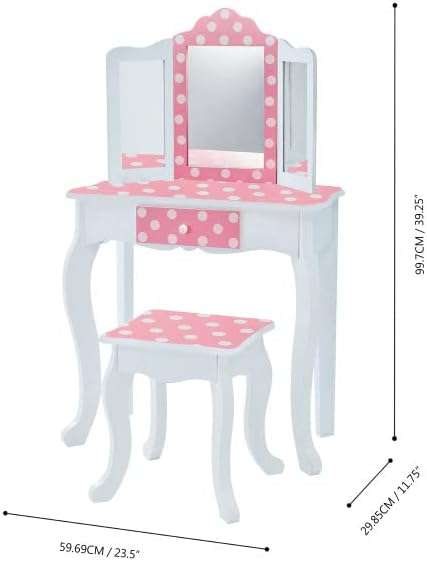 Teamson Kids Princess Gisele Polka Dot Print 2-Piece Kids Wooden Play Vanity Set with Vanity Table, Tri-Fold Mirror, Storage Drawer, and Matching Stool, White with White-Pink Polka Dot Accent - 4