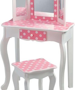 Teamson Kids Princess Gisele Polka Dot Print 2-Piece Kids Wooden Play Vanity Set with Vanity Table, Tri-Fold Mirror, Storage Drawer, and Matching Stool, White with White-Pink Polka Dot Accent - 5