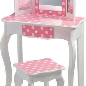 Teamson Kids Princess Gisele Polka Dot Print 2-Piece Kids Wooden Play Vanity Set with Vanity Table, Tri-Fold Mirror, Storage Drawer, and Matching Stool, White with White-Pink Polka Dot Accent - 5