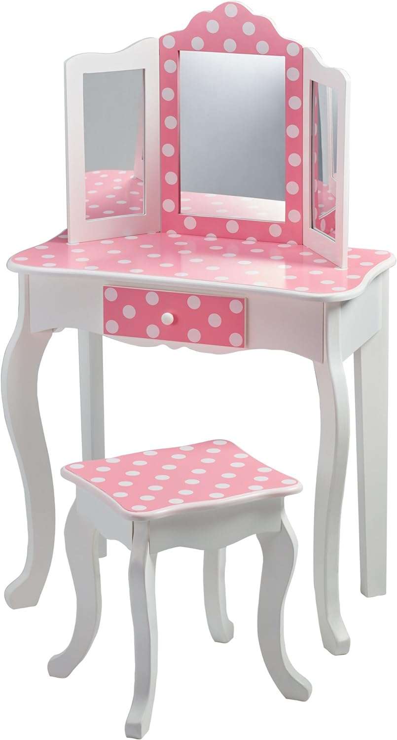 Teamson Kids Princess Gisele Polka Dot Print 2-Piece Kids Wooden Play Vanity Set with Vanity Table, Tri-Fold Mirror, Storage Drawer, and Matching Stool, White with White-Pink Polka Dot Accent - 5