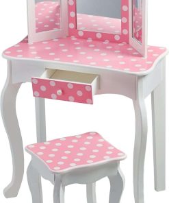 Teamson Kids Princess Gisele Polka Dot Print 2-Piece Kids Wooden Play Vanity Set with Vanity Table, Tri-Fold Mirror, Storage Drawer, and Matching Stool, White with White-Pink Polka Dot Accent - 6