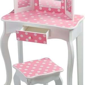 Teamson Kids Princess Gisele Polka Dot Print 2-Piece Kids Wooden Play Vanity Set with Vanity Table, Tri-Fold Mirror, Storage Drawer, and Matching Stool, White with White-Pink Polka Dot Accent - 6