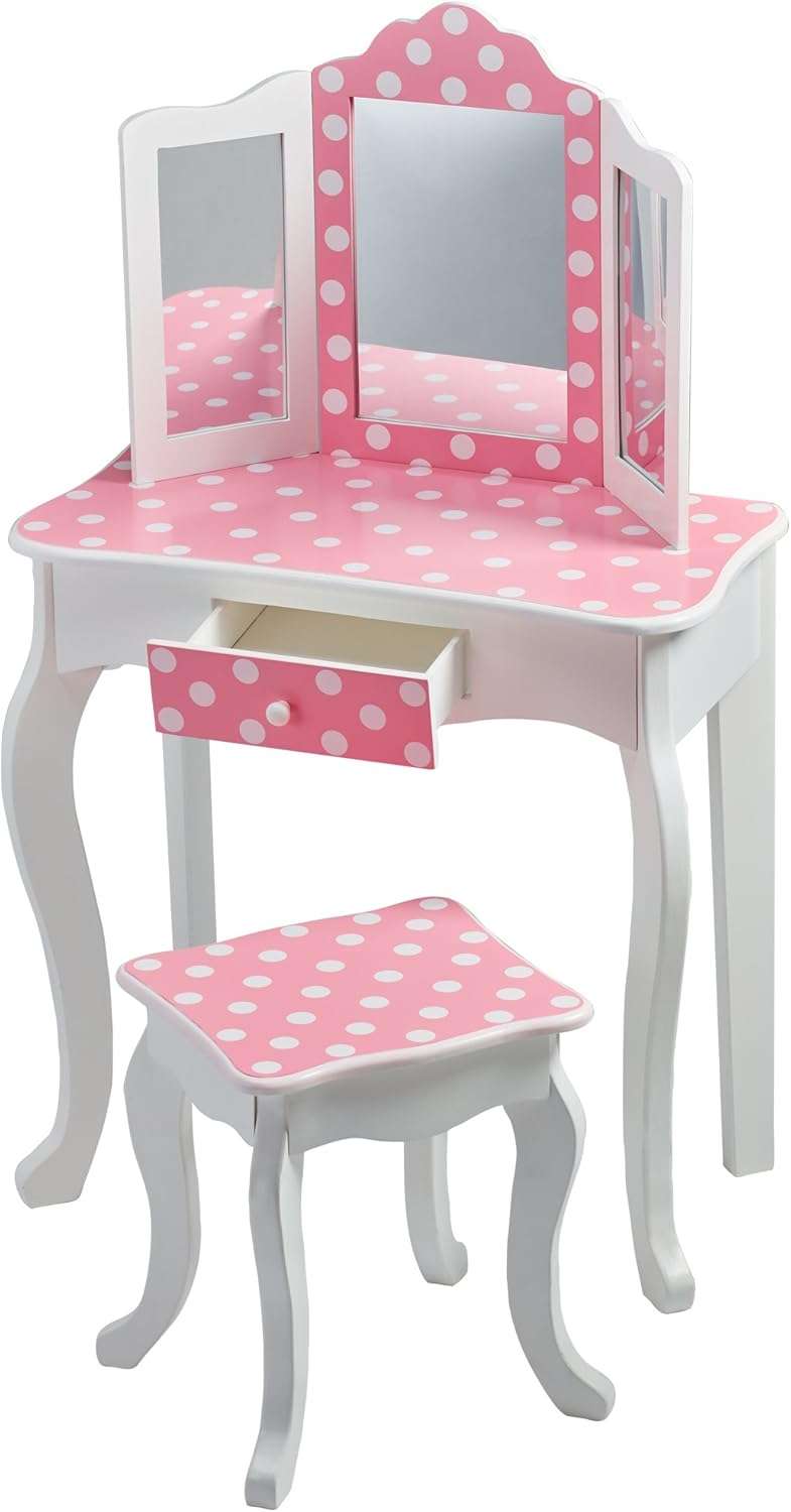 Teamson Kids Princess Gisele Polka Dot Print 2-Piece Kids Wooden Play Vanity Set with Vanity Table, Tri-Fold Mirror, Storage Drawer, and Matching Stool, White with White-Pink Polka Dot Accent - 6