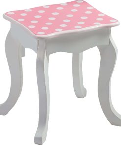 Teamson Kids Princess Gisele Polka Dot Print 2-Piece Kids Wooden Play Vanity Set with Vanity Table, Tri-Fold Mirror, Storage Drawer, and Matching Stool, White with White-Pink Polka Dot Accent - 7