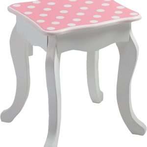 Teamson Kids Princess Gisele Polka Dot Print 2-Piece Kids Wooden Play Vanity Set with Vanity Table, Tri-Fold Mirror, Storage Drawer, and Matching Stool, White with White-Pink Polka Dot Accent - 7