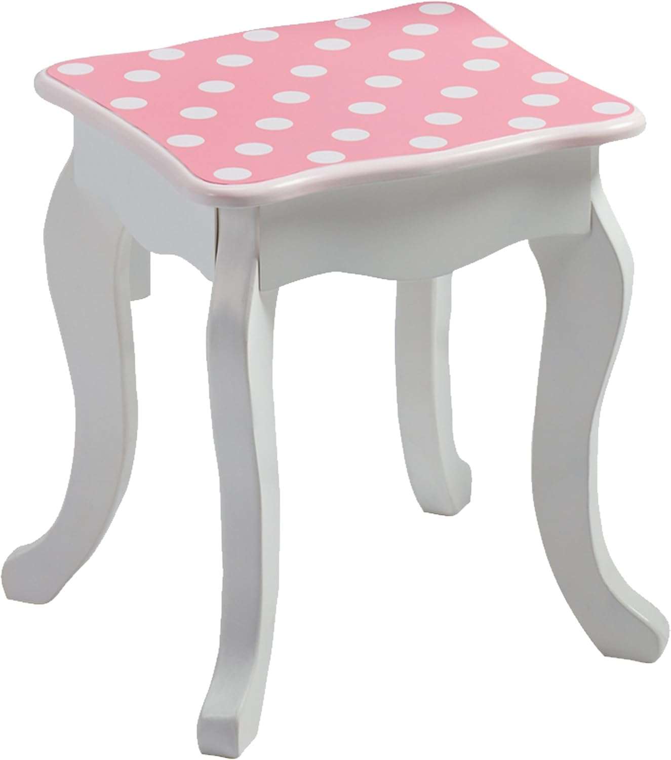 Teamson Kids Princess Gisele Polka Dot Print 2-Piece Kids Wooden Play Vanity Set with Vanity Table, Tri-Fold Mirror, Storage Drawer, and Matching Stool, White with White-Pink Polka Dot Accent - 7