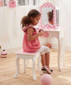 Teamson Kids Princess Gisele Polka Dot Print 2-Piece Kids Wooden Play Vanity Set with Vanity Table, Tri-Fold Mirror, Storage Drawer, and Matching Stool, White with White-Pink Polka Dot Accent - 8