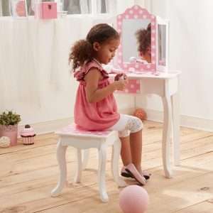 Teamson Kids Princess Gisele Polka Dot Print 2-Piece Kids Wooden Play Vanity Set with Vanity Table, Tri-Fold Mirror, Storage Drawer, and Matching Stool, White with White-Pink Polka Dot Accent - 8
