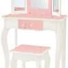 Teamson Kids Princess Gisele Twinkle Star Print 2-Piece Kids Wooden Play Vanity Set with Vanity Table, Tri-Fold Mirror, Storage Drawer, and Matching Stool, White with Pink and Gold Star Accent - 1