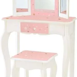 Teamson Kids Princess Gisele Twinkle Star Print 2-Piece Kids Wooden Play Vanity Set with Vanity Table, Tri-Fold Mirror, Storage Drawer, and Matching Stool, White with Pink and Gold Star Accent - 1