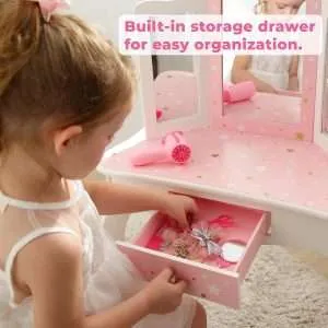 Teamson Kids Princess Gisele Twinkle Star Print 2-Piece Kids Wooden Play Vanity Set with Vanity Table, Tri-Fold Mirror, Storage Drawer, and Matching Stool, White with Pink and Gold Star Accent - 2