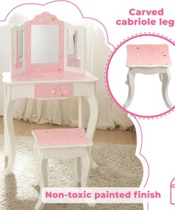 Teamson Kids Princess Gisele Twinkle Star Print 2-Piece Kids Wooden Play Vanity Set with Vanity Table, Tri-Fold Mirror, Storage Drawer, and Matching Stool, White with Pink and Gold Star Accent - 3