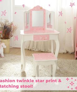 Teamson Kids Princess Gisele Twinkle Star Print 2-Piece Kids Wooden Play Vanity Set with Vanity Table, Tri-Fold Mirror, Storage Drawer, and Matching Stool, White with Pink and Gold Star Accent - 4