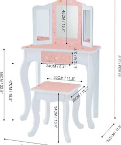 Teamson Kids Princess Gisele Twinkle Star Print 2-Piece Kids Wooden Play Vanity Set with Vanity Table, Tri-Fold Mirror, Storage Drawer, and Matching Stool, White with Pink and Gold Star Accent - 5