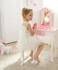 Teamson Kids Princess Gisele Twinkle Star Print 2-Piece Kids Wooden Play Vanity Set with Vanity Table, Tri-Fold Mirror, Storage Drawer, and Matching Stool, White with Pink and Gold Star Accent - 6