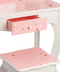 Teamson Kids Princess Gisele Twinkle Star Print 2-Piece Kids Wooden Play Vanity Set with Vanity Table, Tri-Fold Mirror, Storage Drawer, and Matching Stool, White with Pink and Gold Star Accent - 7