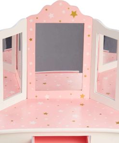 Teamson Kids Princess Gisele Twinkle Star Print 2-Piece Kids Wooden Play Vanity Set with Vanity Table, Tri-Fold Mirror, Storage Drawer, and Matching Stool, White with Pink and Gold Star Accent - 8