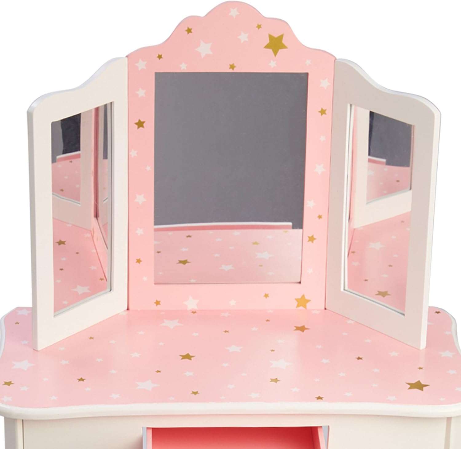 Teamson Kids Princess Gisele Twinkle Star Print 2-Piece Kids Wooden Play Vanity Set with Vanity Table, Tri-Fold Mirror, Storage Drawer, and Matching Stool, White with Pink and Gold Star Accent - 8
