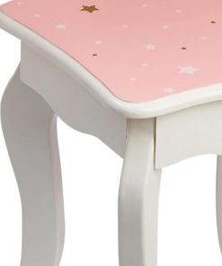 Teamson Kids Princess Gisele Twinkle Star Print 2-Piece Kids Wooden Play Vanity Set with Vanity Table, Tri-Fold Mirror, Storage Drawer, and Matching Stool, White with Pink and Gold Star Accent - 9