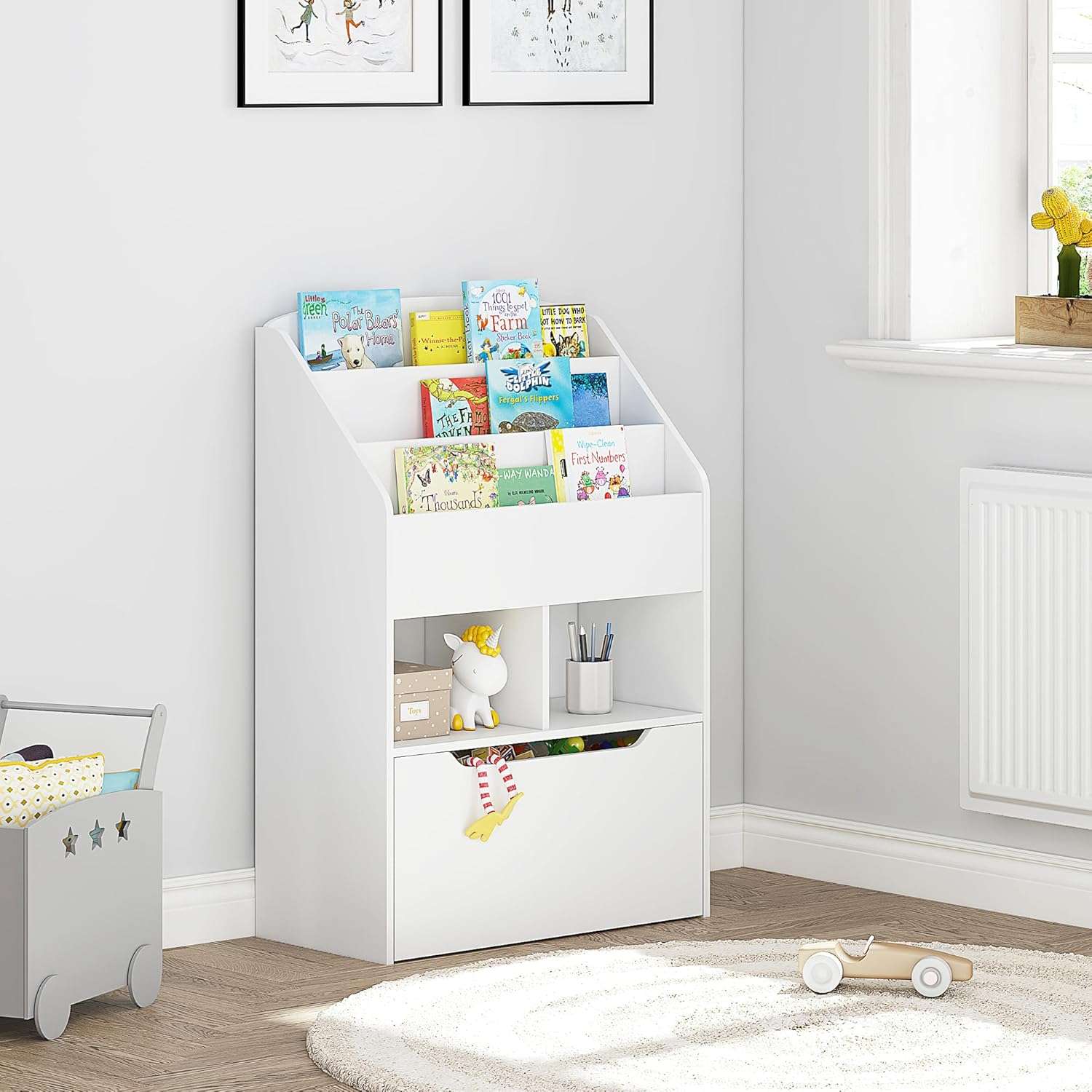 UTEX Bookshelf for Kids, Wooden Book Display, Kids Bookshelf and Toy Storage, Children Book Rack Bookcase Toybox Combo for Bedroom & Nursery, White - 2