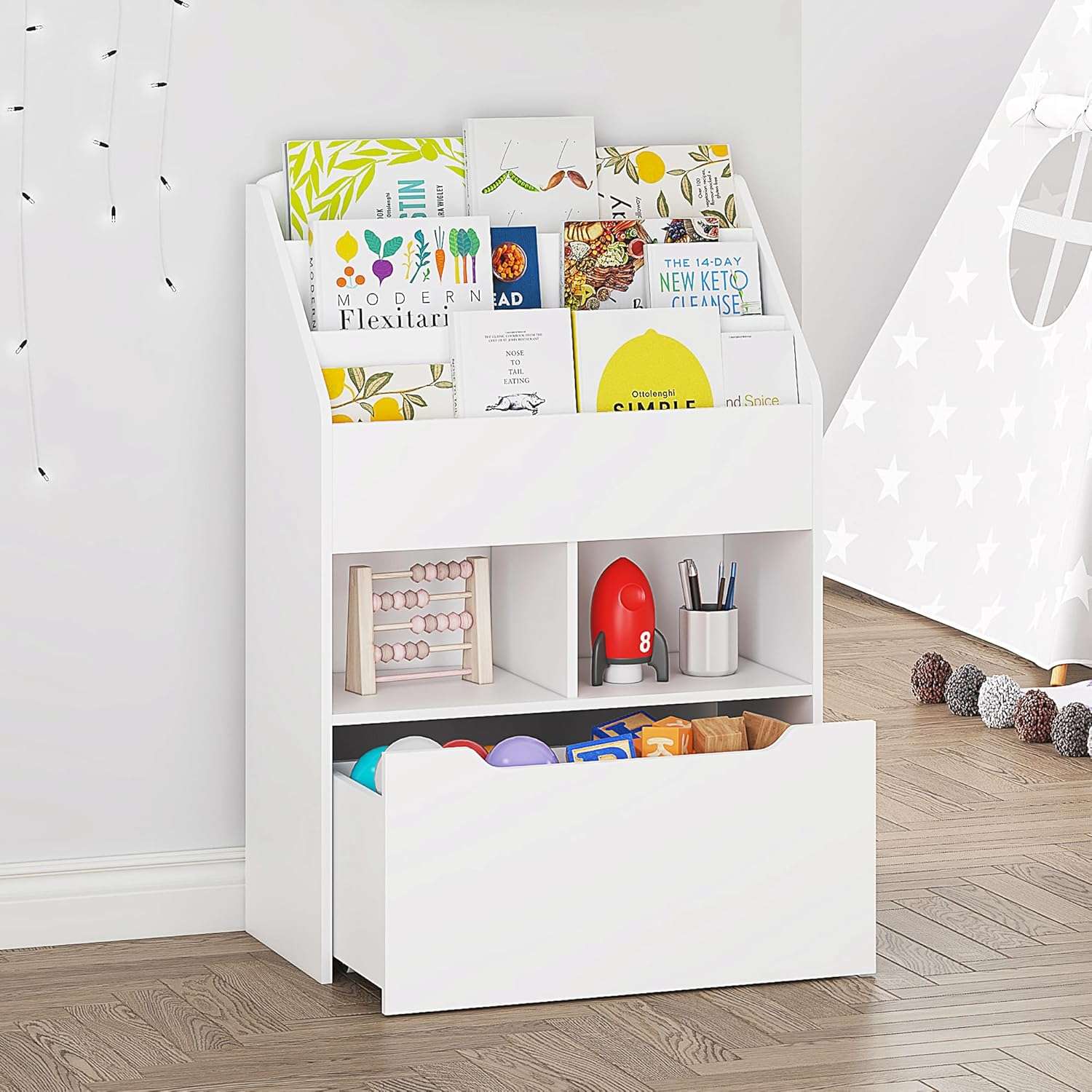UTEX Bookshelf for Kids, Wooden Book Display, Kids Bookshelf and Toy Storage, Children Book Rack Bookcase Toybox Combo for Bedroom & Nursery, White - 4
