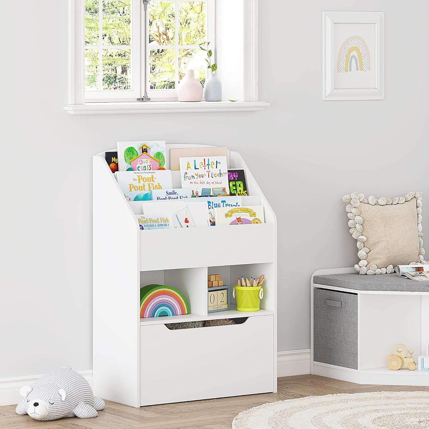 UTEX Bookshelf for Kids, Wooden Book Display, Kids Bookshelf and Toy Storage, Children Book Rack Bookcase Toybox Combo for Bedroom & Nursery, White - 9